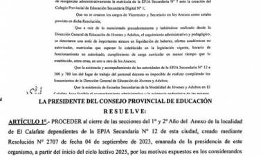 Por disposición del CPE el Anexo EPJA N° 12 en El Calafate dejará de funcionar en 2026 